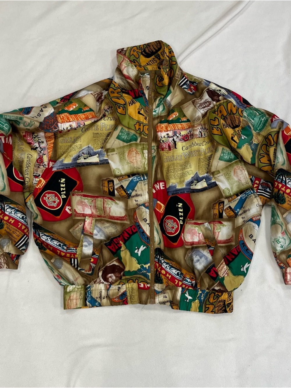 New York Studio Vintage All Over Print Travel Bomber Jacket Beer Currency Medium